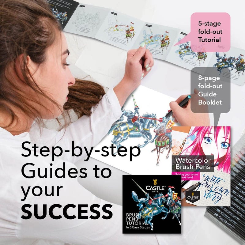 Castle Art Supplies Watercolour Brush Pens Set | 24 Lively Colours, with Flexible Nylon Tips | For adult colouring, painting, lettering â€“ artists and beginners | Travel Case with Extra Water Brush Pen - Image 5